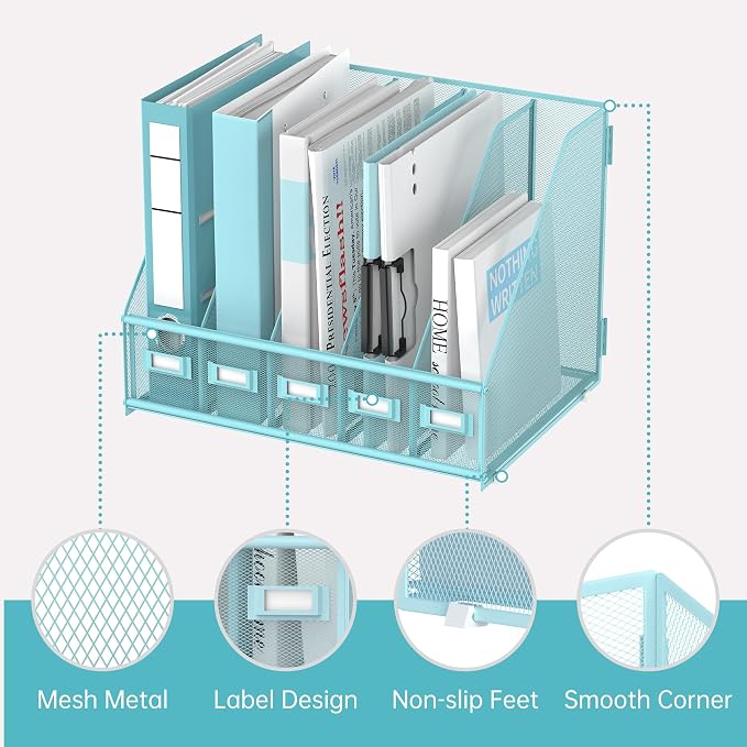 SUPEASY Desk Organizers Metal Desk Magazine File Holder with 5 Vertical Compartments Rack File Organizer for Office Desktop, Classroom, Home Workspace, Blue Plus