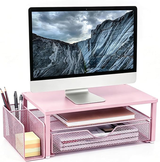 Spacrea Desk Organizer and Accessories, Computer Monitor Stand Riser with Drawer and 1 Open Pen Holder, Printer & Laptop Stand, Office Desk Accessories for Home Office Supplies (Pink)