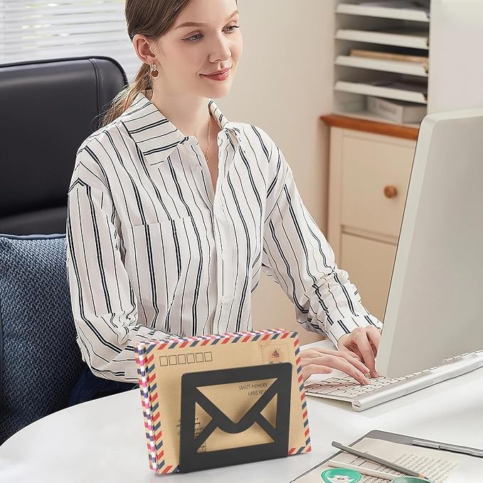Desktop Metal Mail Holder,Modern Black Letter Organizer for Desk with Cutout Envelope Design,Home and Office Envelope and Document Storage Rack (Black)