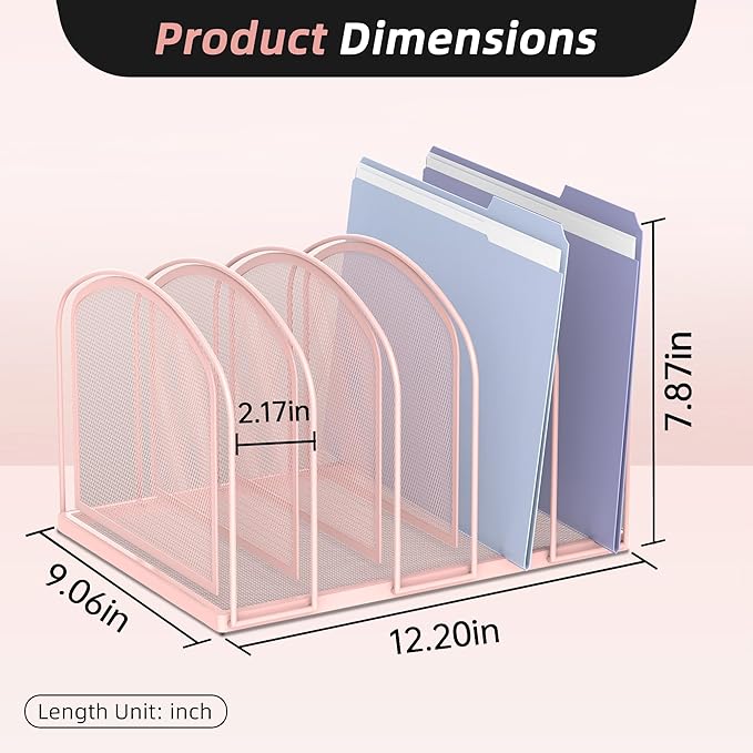 SUPEASY File Organizer for Desk, 5-Section Mesh Desk Organizer, Vertical File Holder Desktop Organizer File Sorter, File Folder Holder for Office Supplies, Pink