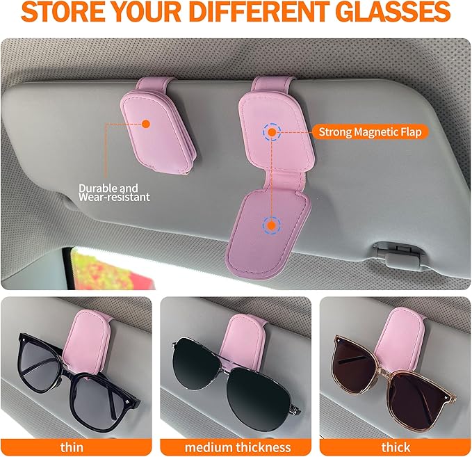 Shering Sunglasses Holders for Car Sun Visor, 2pack Pink Magnetic Leather Glasses Eyeglass Hanger Clip for Car, Visor Sunglasses Holder Clip Car Accessories for Truck