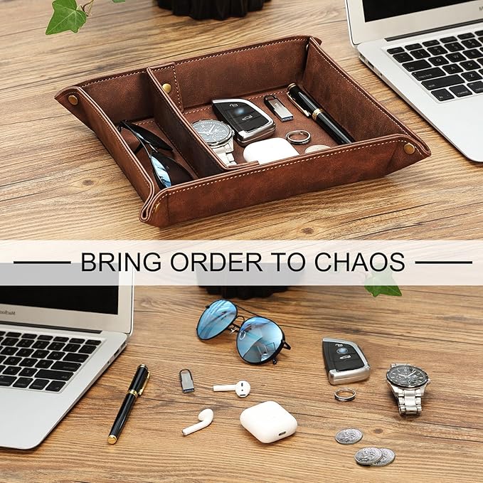 SITHON Valet Tray Desktop Storage Organizer, Removable 2 Compartments Catchall Tray Bedside Vanity Nightstand Caddy Holder Desk Storage Plate, Valentine's Day Gift, Brown