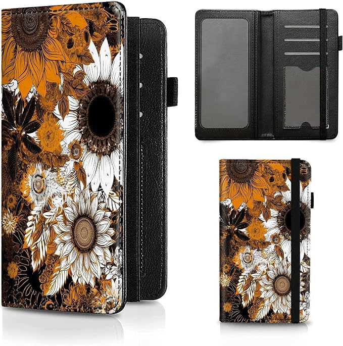 Checkbook Cover for Women & Men, RFID Blocking Personal PU Leather Checkbook Check Book Holder Wallet with Elastic Tape & Credit Card Slot,Brown Sunflower
