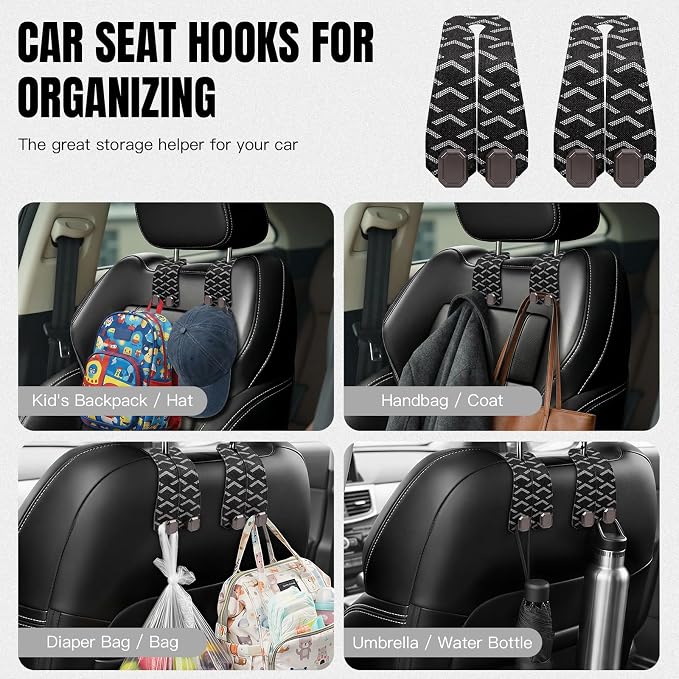 2PCS Car Hooks for Headrest, Faux Leather Purse Hook for Car Seat Back Organizers and Storage, Double Metal Purse Holder Bag Hanger, Universal Car Interior Accessories for Women Man