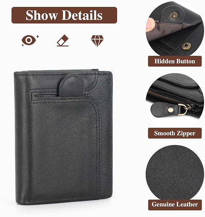 BAIGIO Genuine Leather Wallets for Men, Large Capacity Mens Bifold Wallet Leather RFID Blocking with Huge Zip Coin Pocket, 14 Credit Card Slots, Men's Cash Wallet in Gift Box, Black