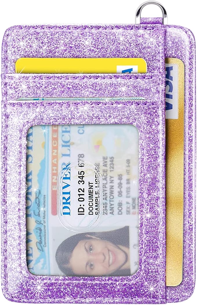 Coco Rossi Slim Front Pocket Wallet RFID ID Card Holder Cute Small Wallet with Keychian for Women,Purple Glitter