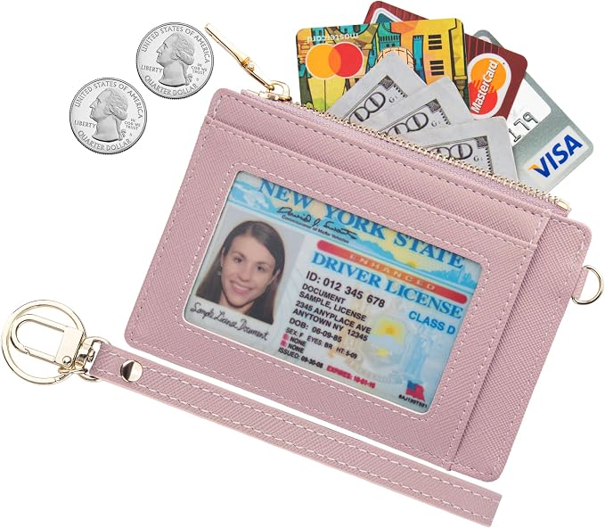 Wikavanli Women Slim Rfid Blocking Credit Card Case Holder Wristlet Zip ID Case Wallet Small Compact Leather Wallet Coin Purse with Keychain (Light Pink)