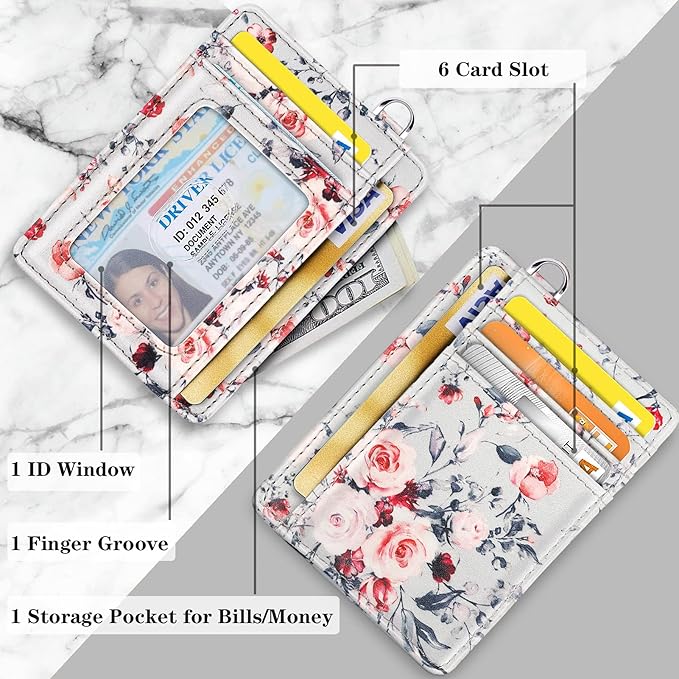 Coco Rossi Slim Front Pocket Wallet RFID ID Card Holder Cute Small Wallet with Keychian for Women,Grey Flowers