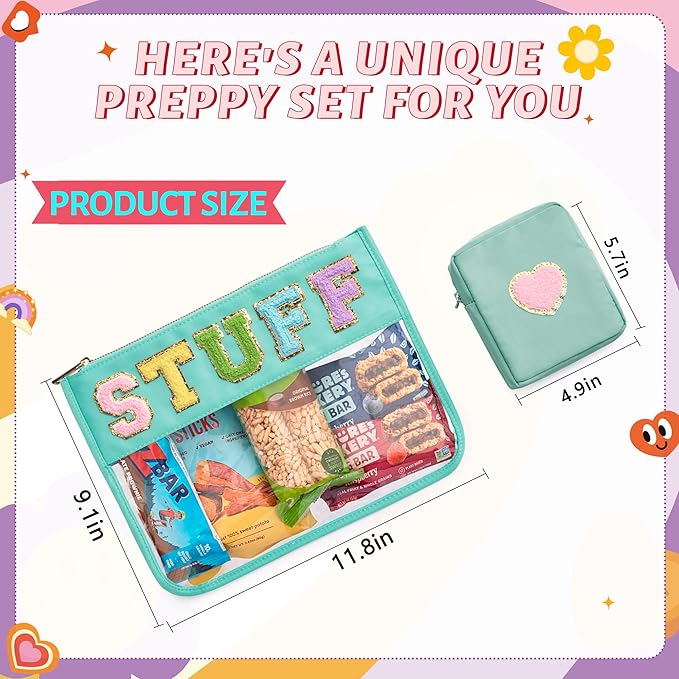 Preppy Patch Stuff Bag for Travel, 2 PCS Chenille Letter Clear Sunscreen Bag, PU Waterproof Beach Snack Makeup Cosmetic Bag Pouch, Gift for Women Girls