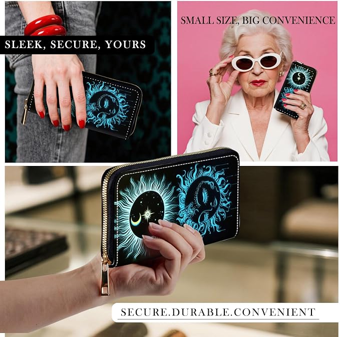 RFID-Blocking Zip Around Wallets for Women with Detachable Wrist Strap,Large Capacity Phone Holder with Card Organizer & Coin Pocket,Sun Moon