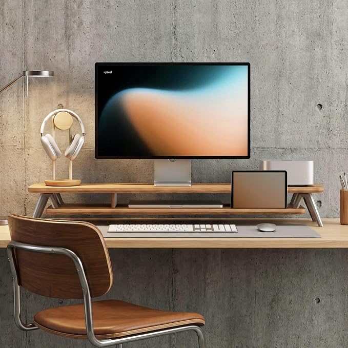 Fenge Dual Monitor Stand, Monitor Stands Riser for 2 monitors, 42.5 Inch Wood Desk Shelf with Storage Organizer and Cable Management for Office Desk Accessories