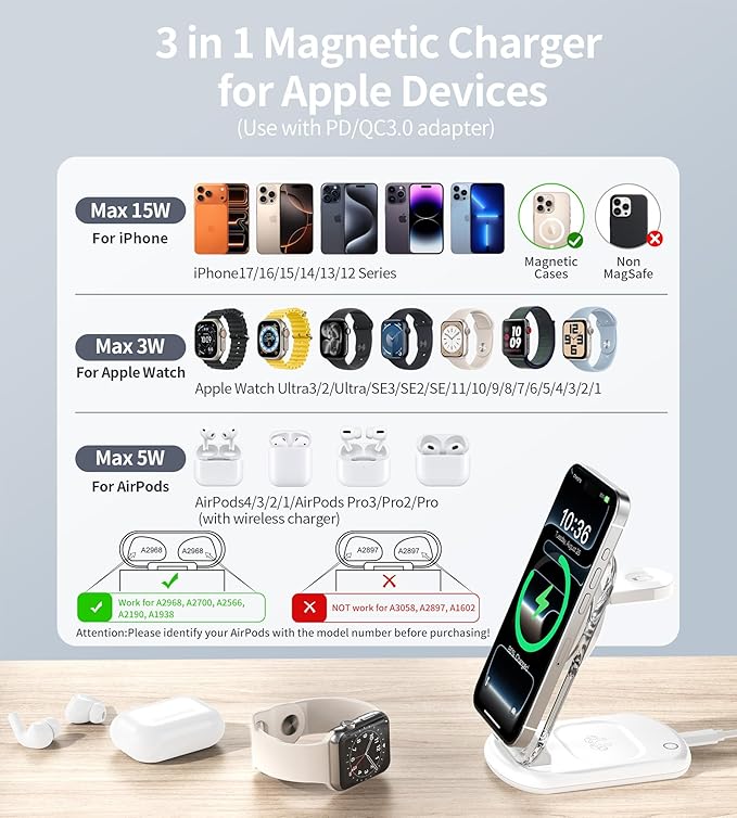 3 in 1 Magnetic Wireless Charging Station for Apple Devices, Fast Foldable Travel Mag-Safe Charger Stand with Night Light for iPhone 17 16 15 14 13 12 Series, Apple Watch/AirPods Pro-Gift for Lovers