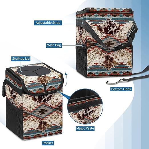 Car Trash Can with Lid Western Aztec Cow Print Collapsible Reusable Leak-Proof Auto Garage Bag,Hanging Vehicle Car Accessories Interior Car Organizer