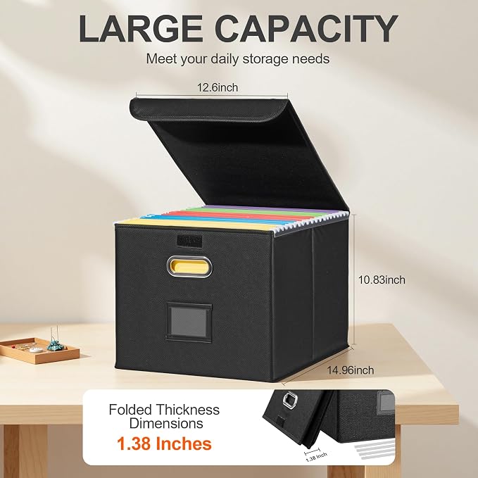 Hleelomi Collapsible File Box with Lid & Plastic Slide - Hanging Document Organizer for Office/Home, 14.96x12.6x10.83 Inch,Decorative Home File Bin,Black, 1 Pack (No Folders Included)