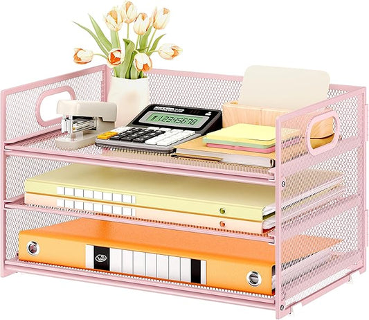 Subekyu 3 Tier Paper Letter Tray Organizer for Desk, Pink Metal Mesh File Folder Sorter Organizer with Handle and 1 PC Sliding Tray for Home Office School Desk Supplies Organization Storage