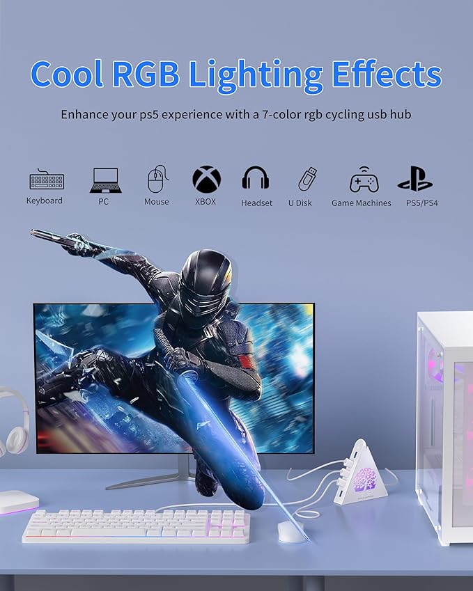 7-Port USB 3.0 Hub, White Vertical USB Hub Splitter with Tree-Shaped RGB Lighting, 5Gbps High-Speed Transfer, 2FT Extension Cable, Compatible with PC, MacBook, Laptop, Flash Drive, Printer