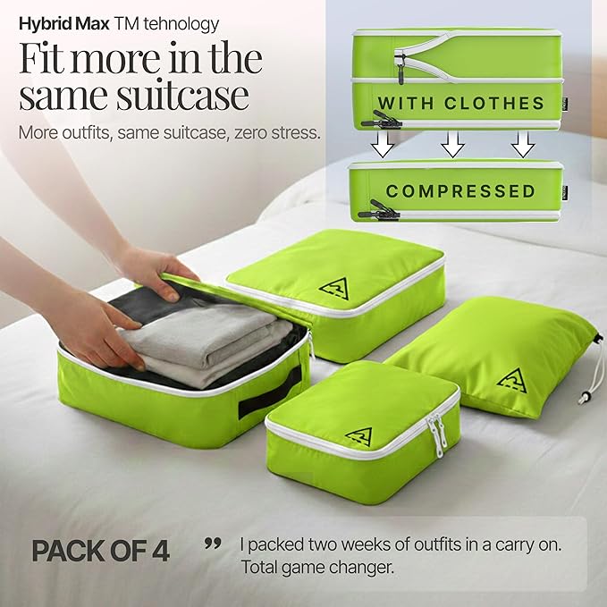 4-Piece Luxury Compression Packing Cubes & Bags for Travel – Maximize Space in Luggage with HybridMax Double-Capacity Design, 50 Luggage Tags, Patented Suitcase Organizer Bags, Lifetime Satisfaction