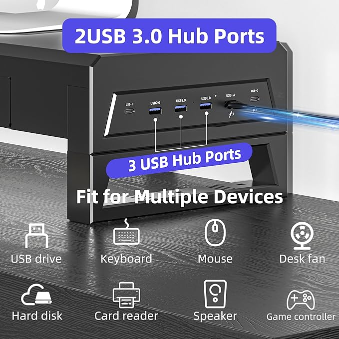 Computer monitor stand with 2 drawer ，Laptop Desk Shelf & Monitor Riser ,22W charging , 2 USB 3.0 , and 1 USB 2.0，21.6 inches long desk riser Monitors/PC/Laptop/Computer Space Saver Organizer ，Heavy Duty Gift Gaming Studio Office (USB Hub Fast Charging...