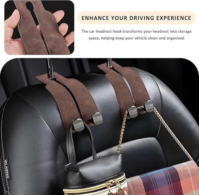 Sun Walker 2 PCS Car Seat Headrest Hooks, Auto Back Seat Purse Hook Bag Organizer with American Flag, Vehicle Double Metal Hooks Storage Hanging Holder for Handbags Coats Phones (Brown)