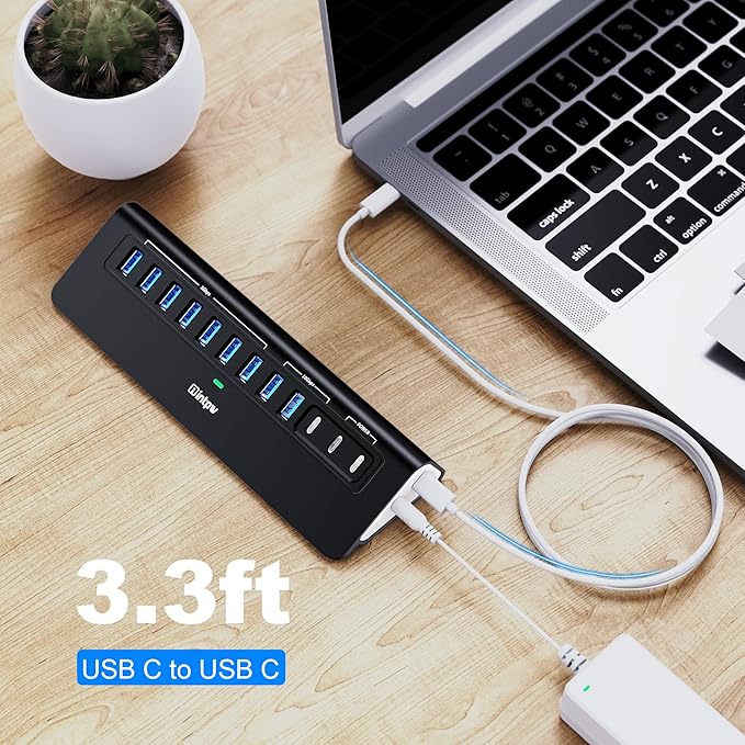 Powered USB Hub 10Gbps, intpw YH9AC 12-Port USB C Hub with 10Gbps USB C 3.2, 2 USB A 3.2, 7 USB 3.0, 2 PD 45W Charging Port, 65W Power Adapter + 3.3FT Cable, Aluminum USB Hub for Laptop/iPhone16/15/PC