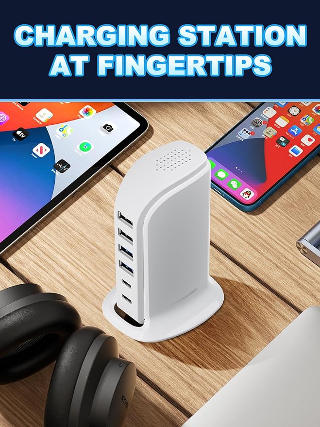 USB Charger, Charging Station for Multiple Devices 45W, Fast Charging Blocks with Dual Type C Ports, 4 USB Charging Hub Organizer Multiport for iPhone, Ipad, Smartphones, Travel Accessories