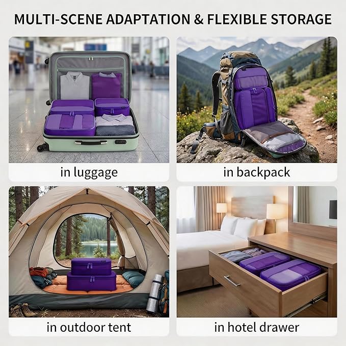 4 Piece Compression Packing Cubes for 3–7 Day Travel, Space Saving Travel Organizers with Breathable Mesh, Double-Zipper Packing Cubes for Carry-On & Suitcases (Lavender)