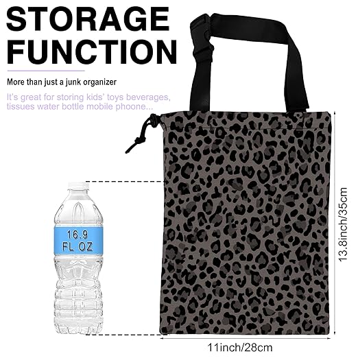 Car Trash Bag Hanging Black Gray Leopard Print Car Trash Can for Back Seat Waterproof Car Trash Bin with Adjustable Straps and Drawstring for Car Accessories Vehicle Travelling Camping