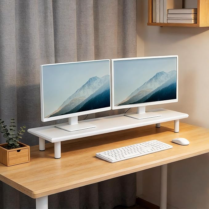 Bamboo Dual Monitor Stand Riser with Underneath Storage, Ergonomic Desk Shelf Supports PC Computer Monitor, Printer, TV for Home, Office, White