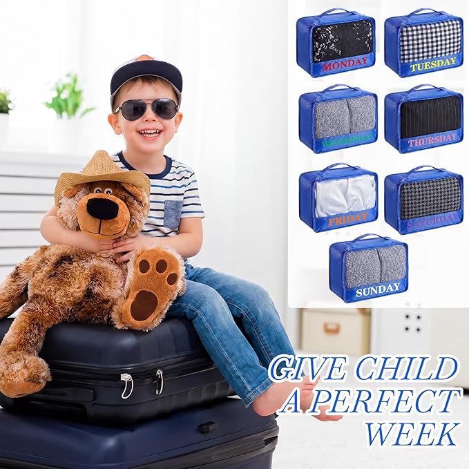 Days of Week Packing Cubes Weekly Organizer Travel Storage Bag School Clothes for Kids Summer Camp Family(9x7x3inch,Blue,15)