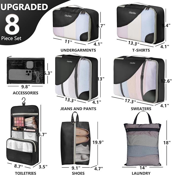 8 Set Packing Cubes for Travel, Gifts for Women Mom,Anti-Tearing Suitcase Organizer,OlarHike Vacation Essentials & Accessories for Cruise Ship