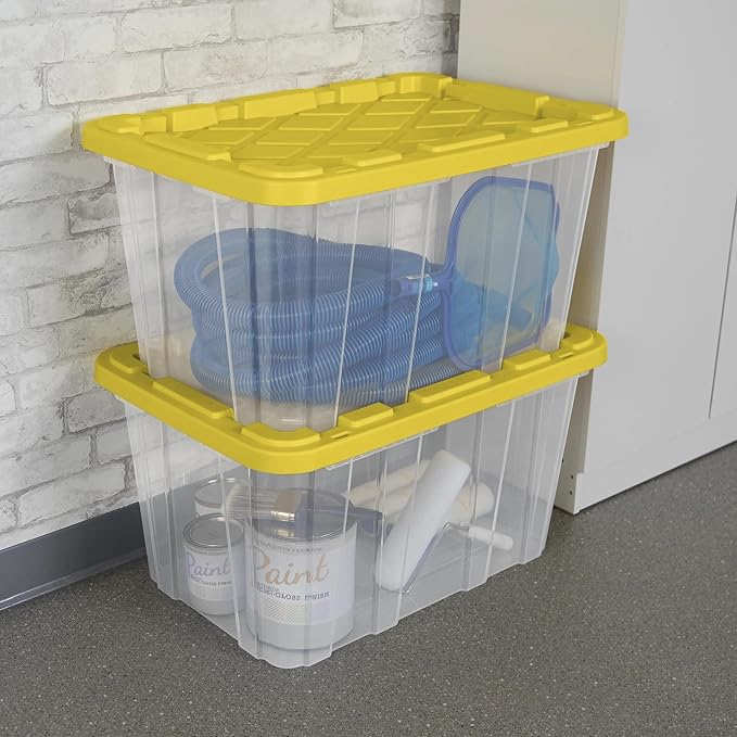 27 Gallon Plastic Storage Container with Snap-On Lid, Heavy-Duty Industrial Tote, Black and Yellow, 28.5x19.6x15.5 Inches, 6 Pack (4, Clear/Yellow)