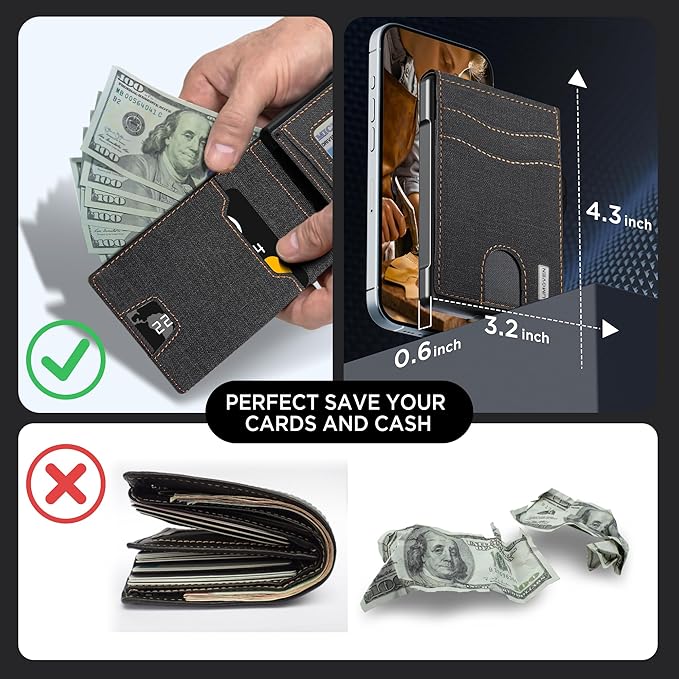 umoven Wallet for Men - Pop Up Case, Cash Slot, and Credit Card Slot - Slim Aluminum Wallet with RFID Blocking, Minimalist Leather Wallet Front Pocket with ID Window (Denim)