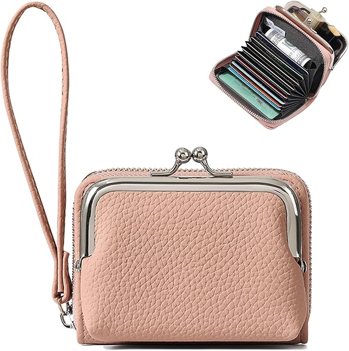 Women's Pebble Leather Wristlet Wallet, 2-in-1 Zip-Around Credit Card Holder with Kiss Lock Coin Purse, Cute Change Purse with Secure Clasp & Card Slots (Dusty Pink, Small)
