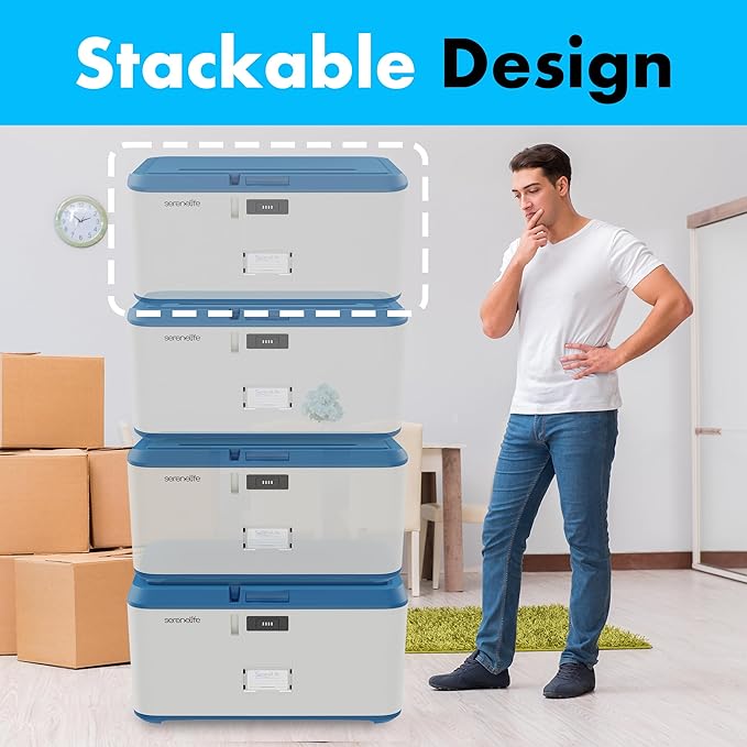 SereneLife Locking Storage Container Bin - 21 Gallon Large Capacity - Stackable Storage Tote Deck Box - Tough Durable Plastic Household Organizer with Lid, and Security Combination Lock