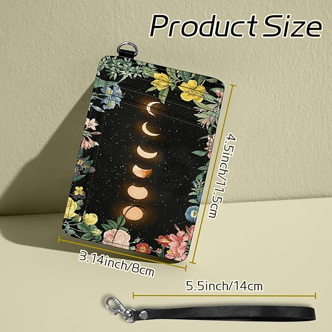 Small Travel Wallets, Moon Flower Slim Minimalist Front Pocket Wallet with Wristlet, RFID Blocking PU Leather Credit Card Holder with ID Window Change Purse for Men Women