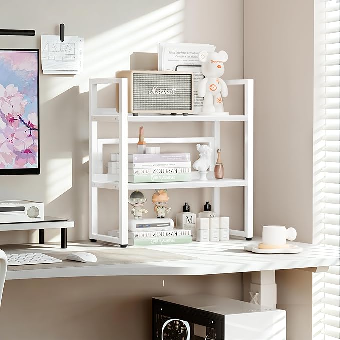 Brakki Desk Shelf Organizer, Adjustable 2 Tier Metal Desktop Shelves, Desktop Bookshelf Organization with Foot Mat, Multi-Functional Small Storage Rack for Office Dorm Home, White