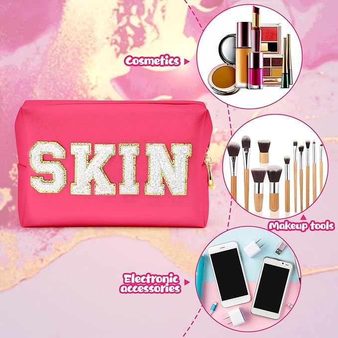 Y1tvei Preppy Patch SKIN White Letter Cosmetic Toiletry Bag PU Leather Portable Makeup Bag Daily Use Storage Pouch Toiletry Purse Waterproof Organizer for Travel Varsity Women Girls (Rose Pink)