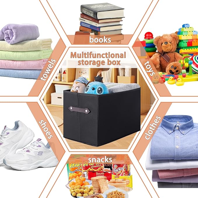 6 Pack Large Collapsible Storage Baskets for Shelves,14.9"x9.5" Fabric Closet storage Boxes with Leather Handles,Decorative Organizers Storage Bins for Clothes,Sheets,Toys,Books,(Black)