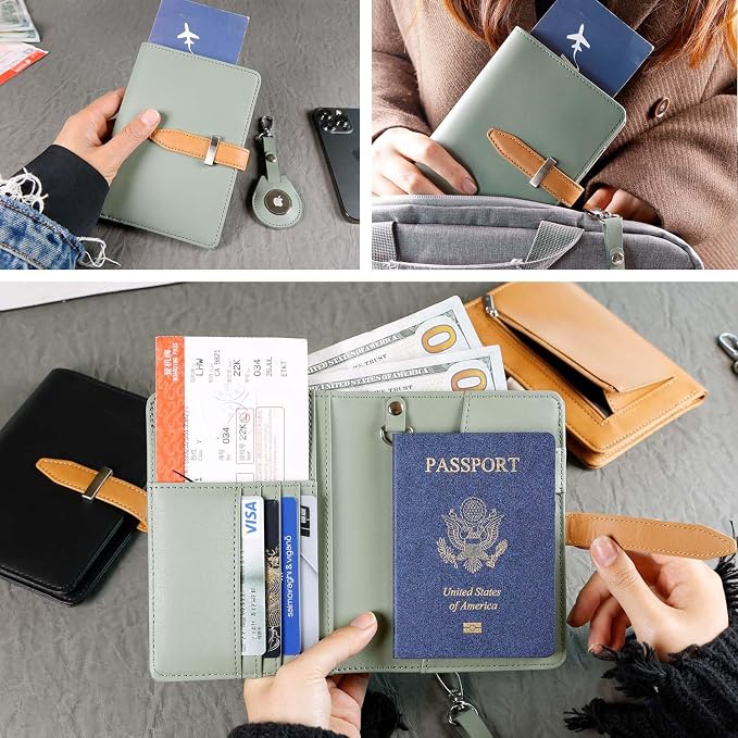 Passport wallets, Mulit-purpose RFID Blocking Passport Holder AirTag Wallet, Travel Wallet（Moss Green）