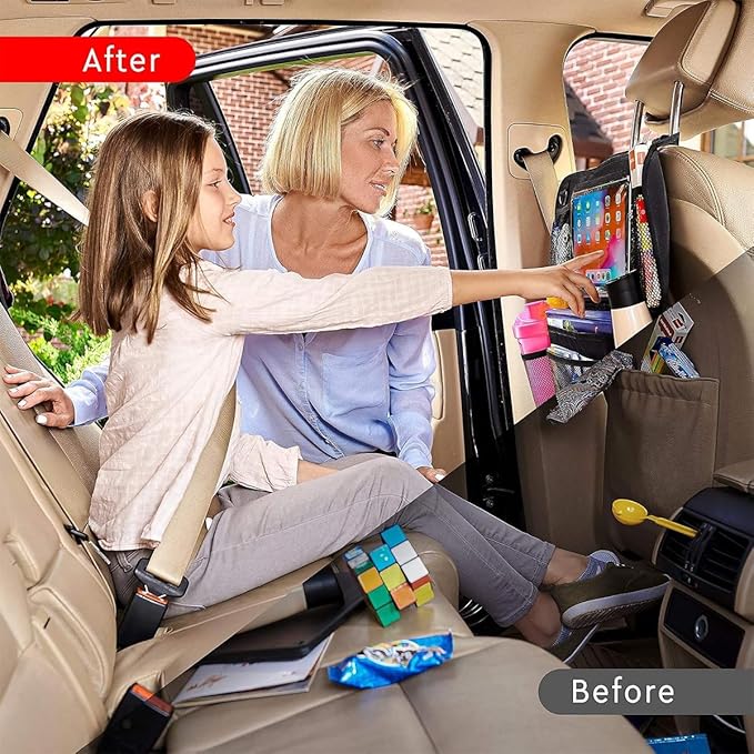 2PCS Car Backseat Organizer with Touch Screen Tablet Holder, Kick Mat Backseat Cover Protector for Kids Toddlers, 6 Storage Pocket Automotive Back Seat Organizer, Universal Fit