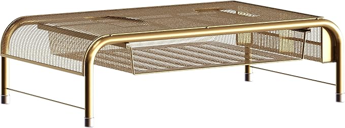 Martha Stewart Ryder Gold Mesh Metal Desktop Monitor Stand Riser with Organizer Drawer and Side Storage
