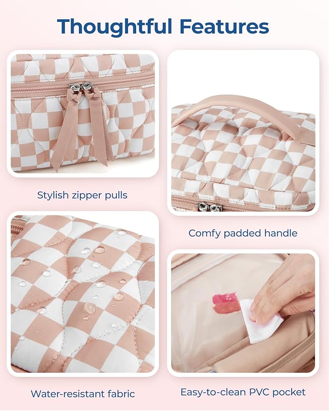 BAGSMART Travel Makeup Bag, 2-Piece Puffy Quilted Cute Make Up Bag Cosmetic Bags for Women, Large Wide-Open Toiletry Pouch Gifts for Toiletries Accessories Travelling Essentials, Checkered Khaki