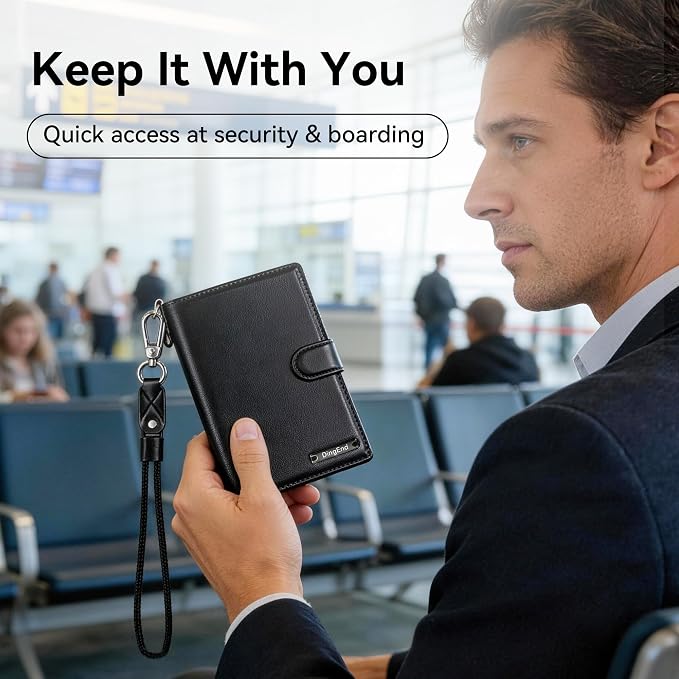 Passport Holder for Travel, RFID Blocking Card Wallet, Apple MFi Certified Smart Passport Cover Works with Find My, Rechargeable Travel Wallet with Lanyard, PU Leather, Black
