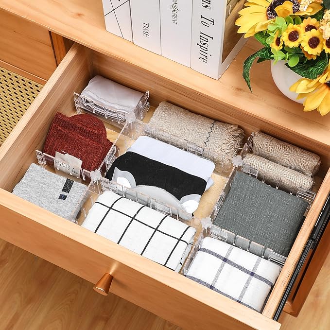 45 Pcs Adjustable Clear Drawer Dividers with Fixed Buckle DIY Plastic Drawer Organizer Box Dividers Back to School Gift for Sock Underwear Makeup Kitchen Bedroom Dresser Office Storage(Clear)