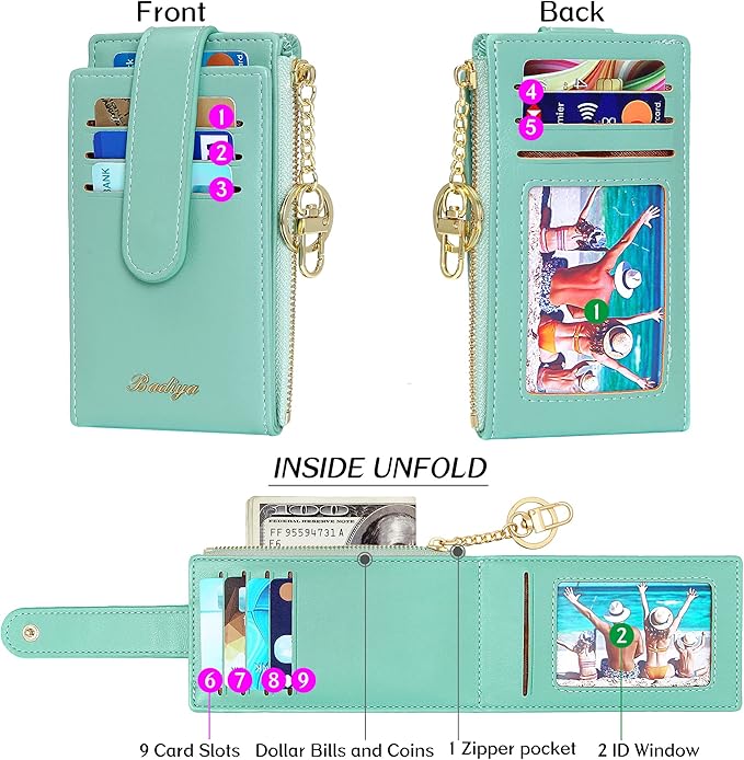 Badiya Slim Women Wallet RFID Blocking Bifold Compact 9 Card Slots Holder Wallets Soft Leather with Zipper Coin Pocket 2 ID Window