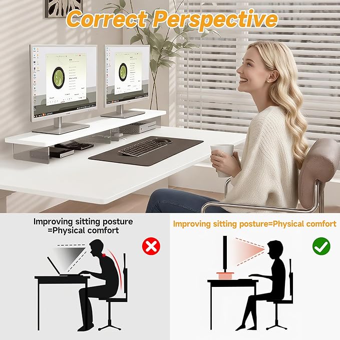 Computer Monitor Stands, Wood & Acrylic Computer Monitor Stand, Desk Monitor Stand Underneath Storage For Office, Home, School Supplies, 15.7" L (White)