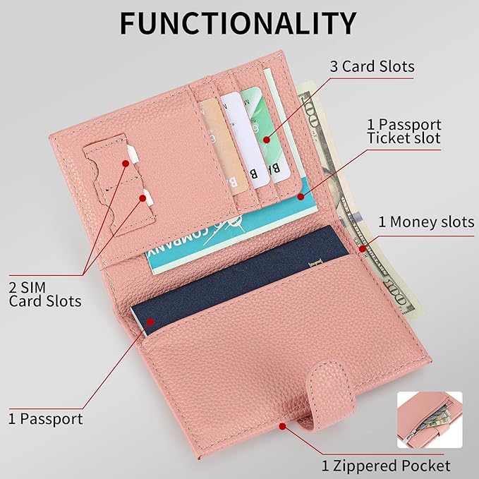 Passport Holder Wallet for Women,RFID Blocking Zippered Coins Pocket and Cash Slot Slim Compact Travel Wallet Passport Cover Case