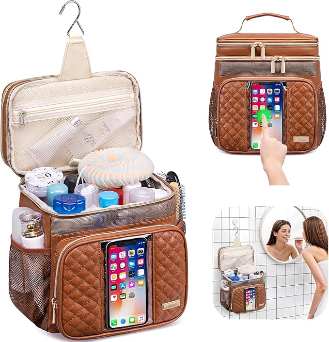 Large Leather Toiletry Bag for Women Men,Bathroom Bag,Water Resistant Shower Bag,Makeup Bag,Portable Shower Caddy for College Dorm,Hanging Travel Toiletry Bag with Transparent Waterproof Phone Pocket