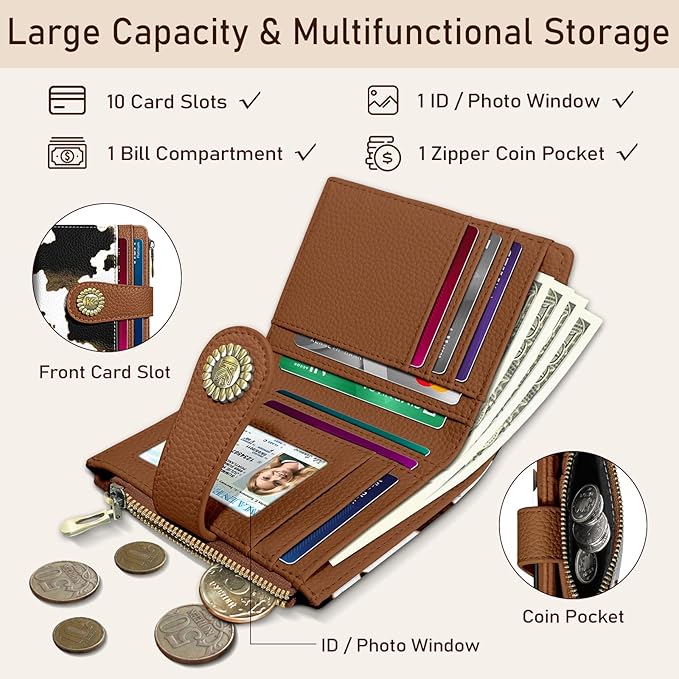 Kelvoris Cow Print Brown Small Rfid Women Wallet Bifold Zipper Coin Pocket PU Leather Compact Cash Credit Card Holder Travel Wallet for Female Ladies Teen Girls 1 ID Window 10 Card Slots