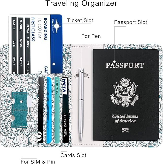 WALNEW Passport Holder for Travel, RFID Passport Cover Wallet for Women Men, PU Leather Passport Book Card Holder Case with Pen (Elastic Band Closure, D-Green Petals)